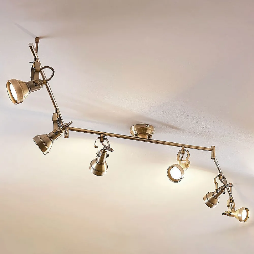 Lindby taklampe Perseas, 180 cm, 6 lyskilder, antikk messing, GU10| Led-Innendørs|Spotter I Tak