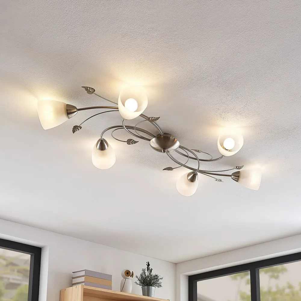 Lindby taklampe Yannie, 6 lyskilder, 106 cm, nikkel/hvit, glass| Design- Og Hotellbelysning|Taklamper