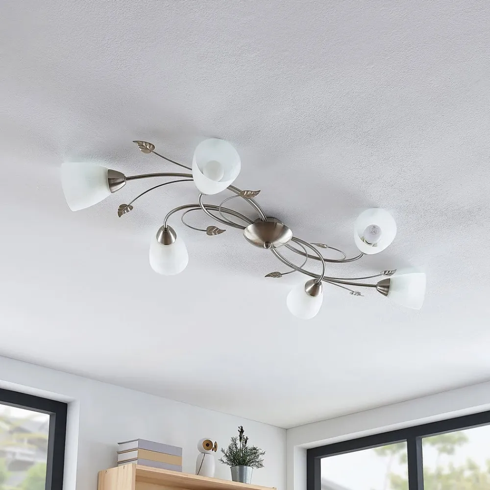 Lindby taklampe Yannie, 6 lyskilder, 106 cm, nikkel/hvit, glass| Design- Og Hotellbelysning|Taklamper