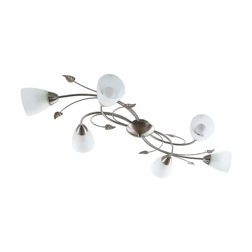 Lindby taklampe Yannie, 6 lyskilder, 106 cm, nikkel/hvit, glass| Design- Og Hotellbelysning|Taklamper