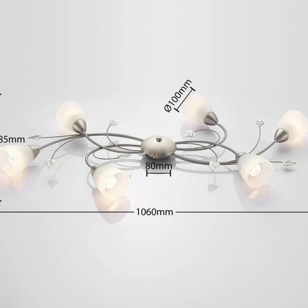 Lindby taklampe Yannie, 6 lyskilder, 106 cm, nikkel/hvit, glass| Design- Og Hotellbelysning|Taklamper