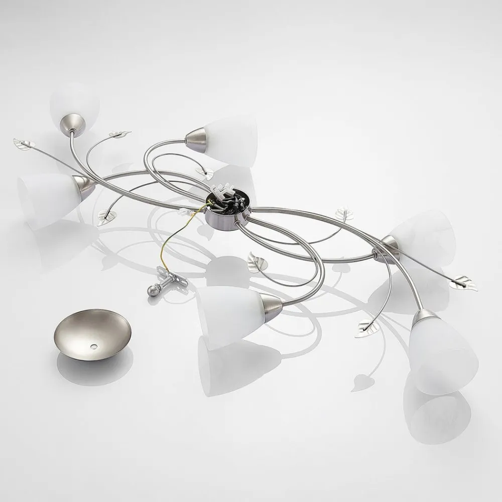 Lindby taklampe Yannie, 6 lyskilder, 106 cm, nikkel/hvit, glass| Design- Og Hotellbelysning|Taklamper