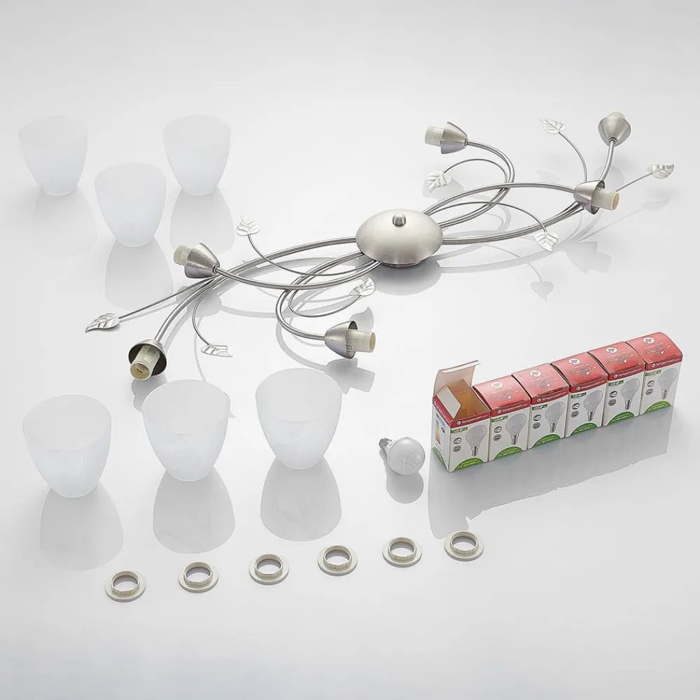 Lindby taklampe Yannie, 6 lyskilder, 106 cm, nikkel/hvit, glass| Design- Og Hotellbelysning|Taklamper