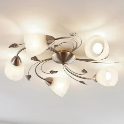 Lindby taklampe Yannie, 5 lyskilder, 60 cm, nikkel/hvit, glass Outlet