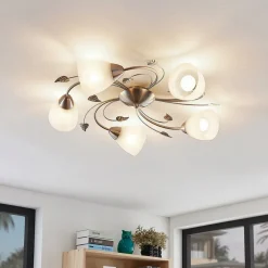 Lindby taklampe Yannie, 5 lyskilder, 60 cm, nikkel/hvit, glass Outlet