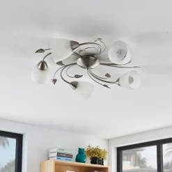 Lindby taklampe Yannie, 5 lyskilder, 60 cm, nikkel/hvit, glass Outlet