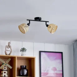 Lindby takspotlight Youstin, 30 cm lang, bambus, 2-lys, E14 Hot