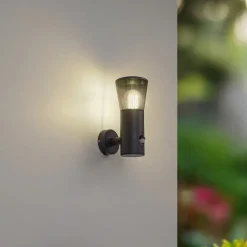 Lindby utendørs vegglampe Heulo, Ø 10,5 cm, røykgrå, sensor| Vegglamper Med Sensor|Utebelysning Med Sensor