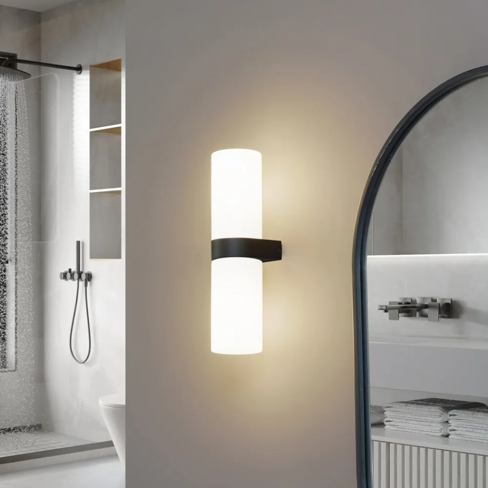 Lucande Basolo vegglampe til bad, svart, høyde 31,5 cm, glass| Vegglamper