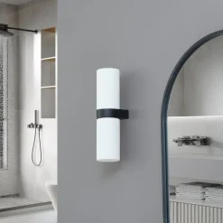 Lucande Basolo vegglampe til bad, svart, høyde 31,5 cm, glass| Vegglamper