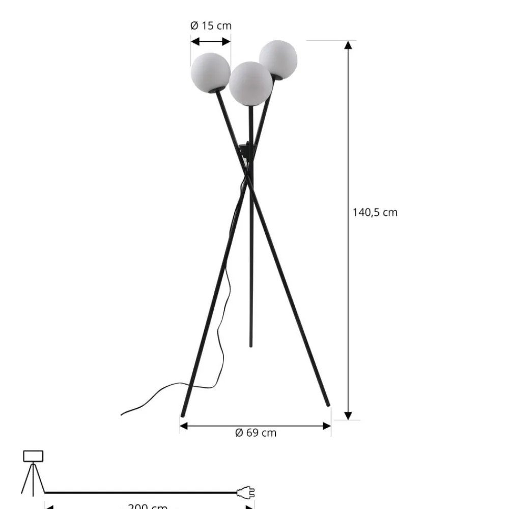 Lucande gulvlampe Visata, svart, glass, 3-lys, stativ| Gulvlamper