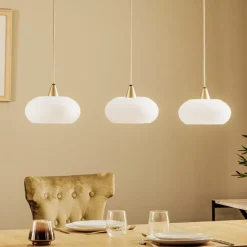 Lucande hengelampe Sharvil, 3 lyskilder, hvit, glass, 97 cm Outlet