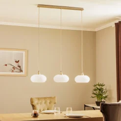 Lucande hengelampe Sharvil, 3 lyskilder, hvit, glass, 97 cm Outlet