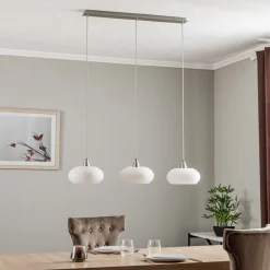 Lucande hengelampe Sharvil, 3 lyskilder, hvit, glass, 97 cm Outlet