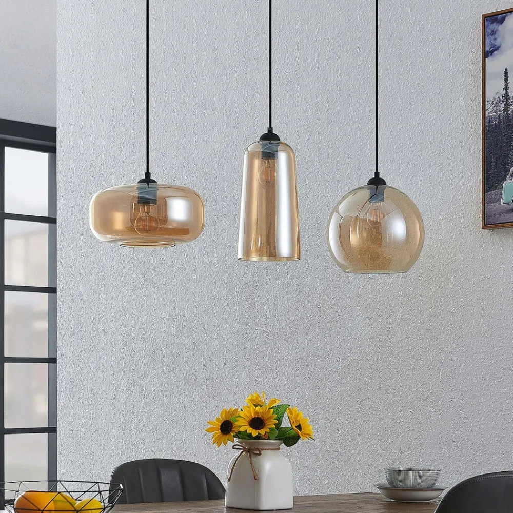 Lucande hengelampe Wilja, rav, glass, 111 cm, 3 lyskilder, E27| Pendellamper