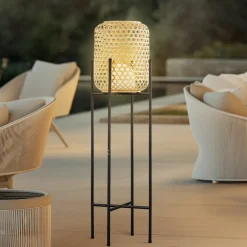 Lucande LED-gulvlampe Adebi, svart, bambus, Ø32,5 cm| Led-Utendørs|Terrassebelysning