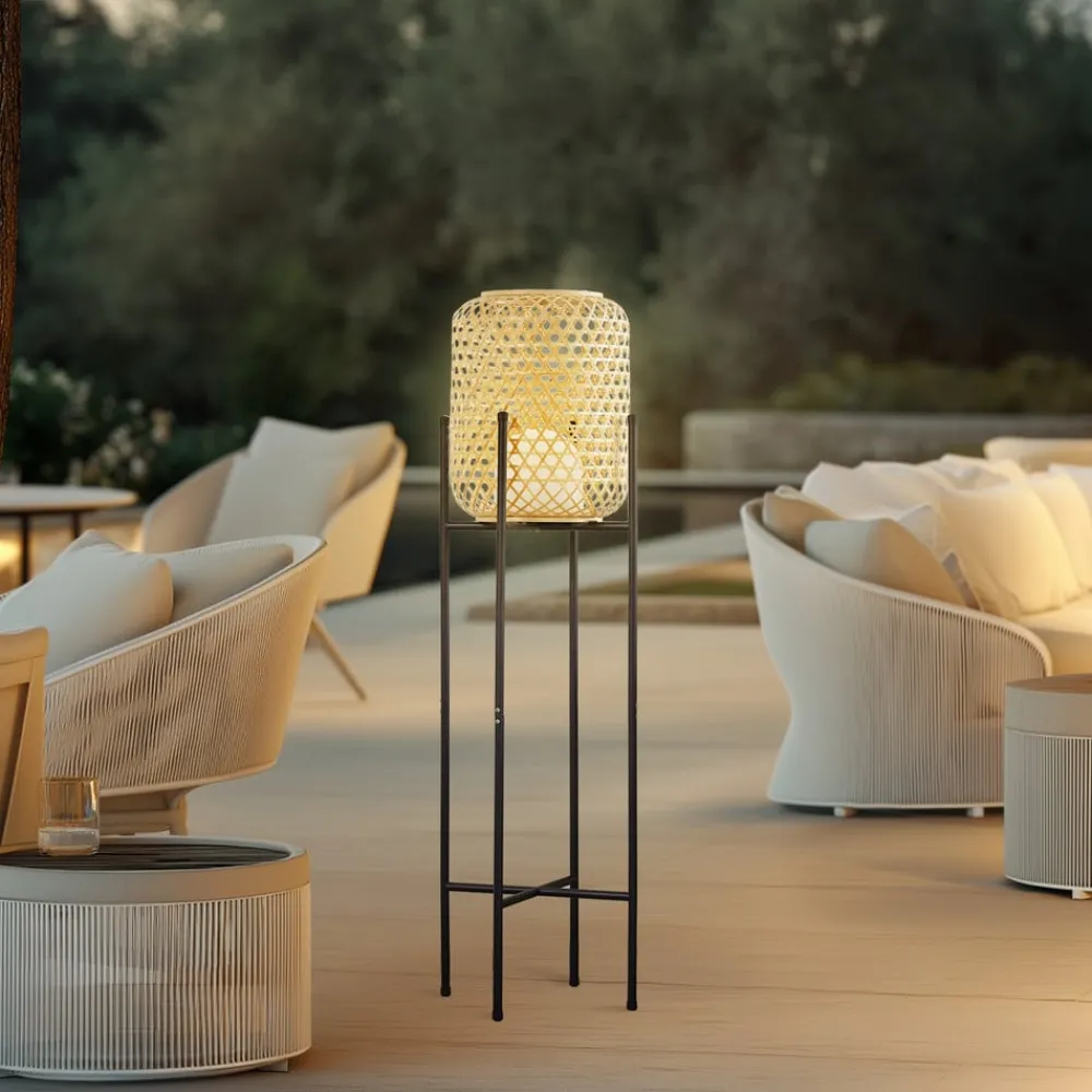 Lucande LED-gulvlampe Adebi, svart, bambus, Ø32,5 cm| Led-Utendørs|Terrassebelysning