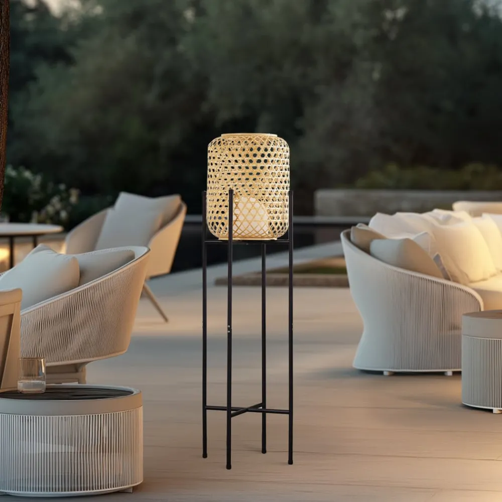 Lucande LED-gulvlampe Adebi, svart, bambus, Ø32,5 cm| Led-Utendørs|Terrassebelysning