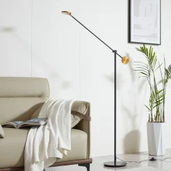 Lucande LED-gulvlampe Adomas, svart/gull, jern, dimbar Discount