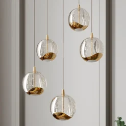 Lucande LED-pendellampe Hayley, Ø 30 cm, 5 lyskilder, gull, glass