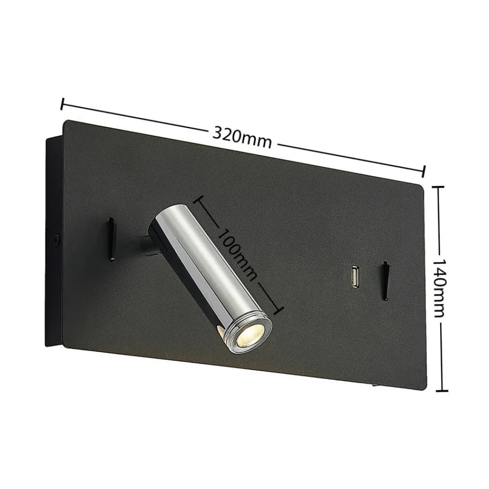 Lucande LED-vegglampe Kimo, 32 cm, svart, aluminium, USB| Led-Innendørs|Vegglamper