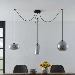 Lucande pendellampe Zyli, 3 lyskilder, røykgrå, glass| Pendellamper