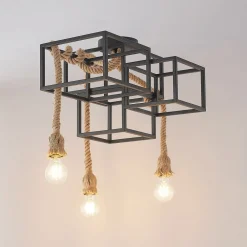 Lucande taklampe Andrik, 44 cm, 3 lyskilder, hampetau, metall| Taklamper