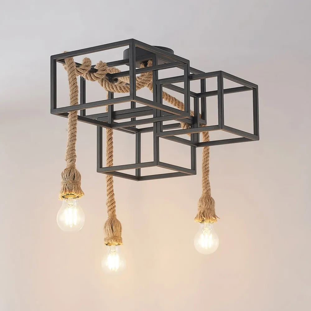 Lucande taklampe Andrik, 44 cm, 3 lyskilder, hampetau, metall| Taklamper