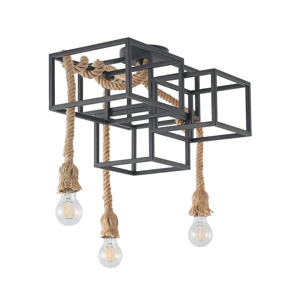 Lucande taklampe Andrik, 44 cm, 3 lyskilder, hampetau, metall| Taklamper