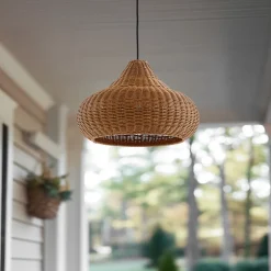 Lucande utendørs pendellampe Taniola, 1 lyskilde, beige, rotting, IP44