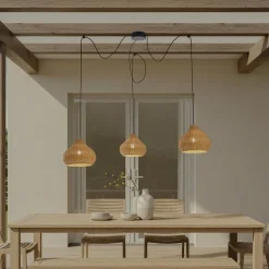 Lucande utendørs pendellampe Taniola, 3 lyskilder, beige, rotting, IP44| Pendellamper Utendørs|Terrassebelysning