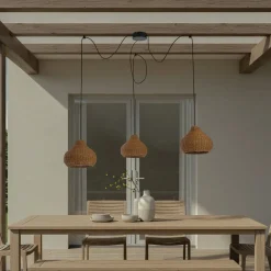 Lucande utendørs pendellampe Taniola, 3 lyskilder, beige, rotting, IP44| Pendellamper Utendørs|Terrassebelysning