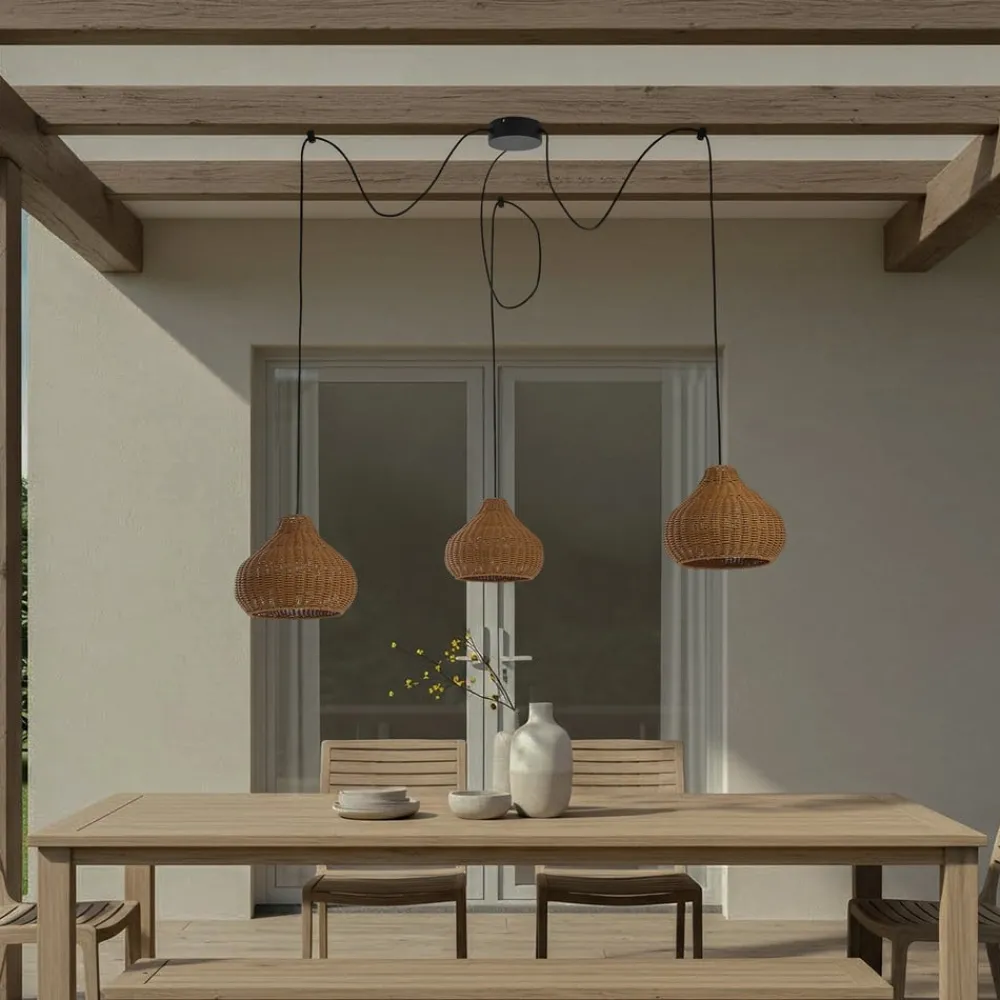 Lucande utendørs pendellampe Taniola, 3 lyskilder, beige, rotting, IP44| Pendellamper Utendørs|Terrassebelysning