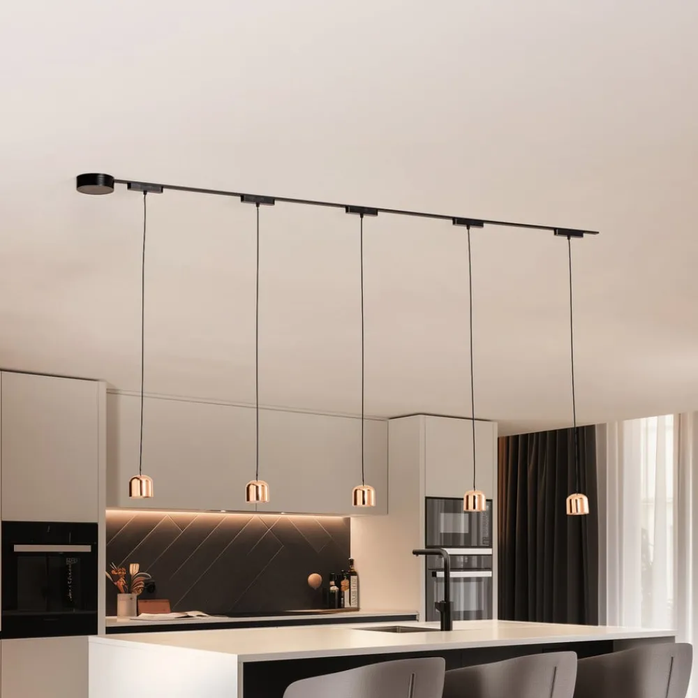 Lindby Lumaro skinnesystem, pendel, 5 lyskilder, gull, 48V, dimbar| Skinnesystem