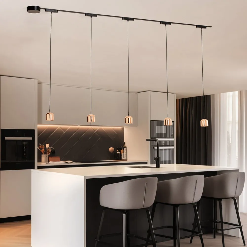 Lindby Lumaro skinnesystem, pendel, 5 lyskilder, gull, 48V, dimbar| Skinnesystem