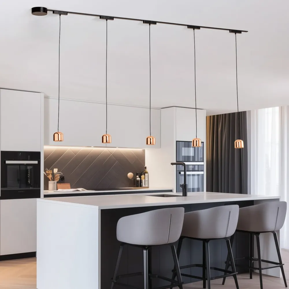 Lindby Lumaro skinnesystem, pendel, 5 lyskilder, gull, 48V, dimbar| Skinnesystem