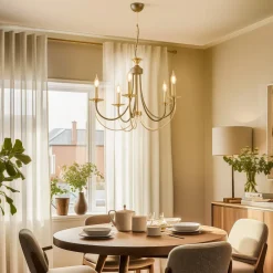 Lucea Lysekrone Ferra, messing antikk, 5 lyskilder| Lysekroner