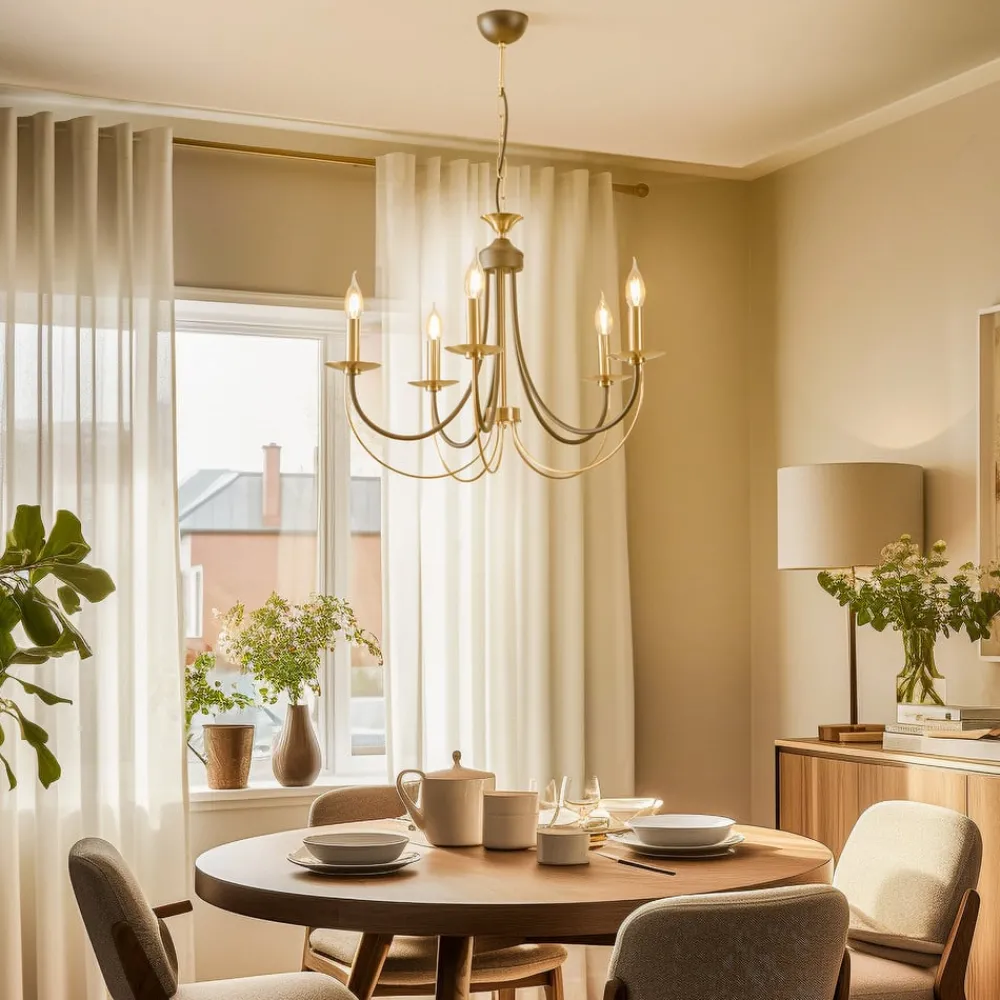 Lucea Lysekrone Ferra, messing antikk, 5 lyskilder| Lysekroner