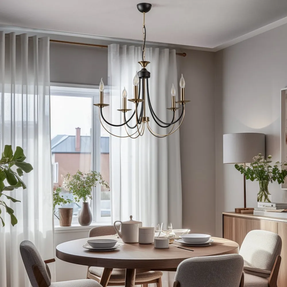 Lucea Lysekrone Ferra, messing antikk, 5 lyskilder| Lysekroner