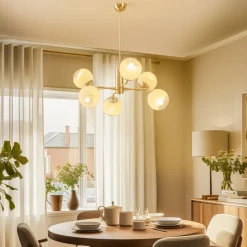 Lucea Lysekrone Santon, messing antikk/hvit, 6 lyskilder| Lysekroner