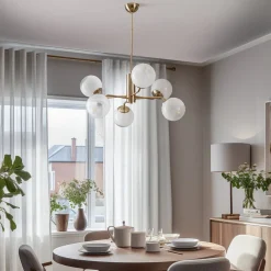 Lucea Lysekrone Santon, messing antikk/hvit, 6 lyskilder| Lysekroner