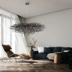 Paul Neuhaus Lysekrone, svart, hengende i glass, lengde 150 cm| Lysekroner