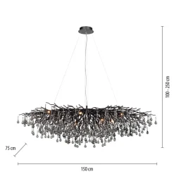 Paul Neuhaus Lysekrone, svart, hengende i glass, lengde 150 cm| Lysekroner