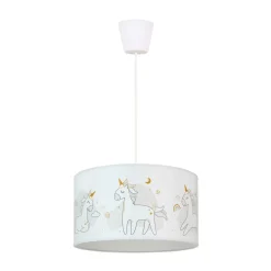 Duolla Mila hengelampe, Ø 35 cm, hvit, stoff, enhjørninger, E27 New