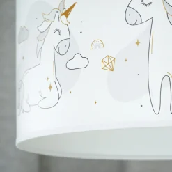 Duolla Mila hengelampe, Ø 35 cm, hvit, stoff, enhjørninger, E27 New