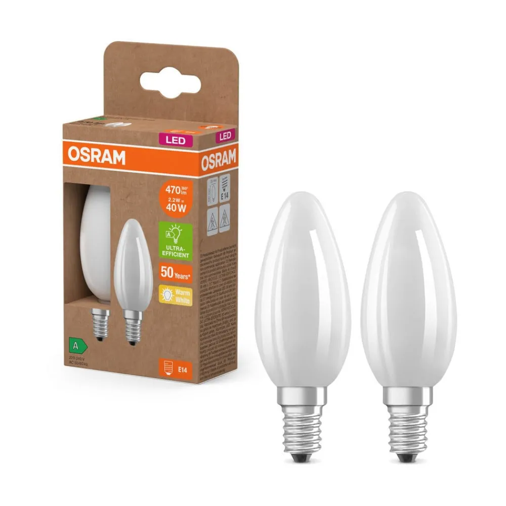 OSRAM LED stearinlys matt E14 2,2W 2700K 470lm 2-pk| E14 Pærer
