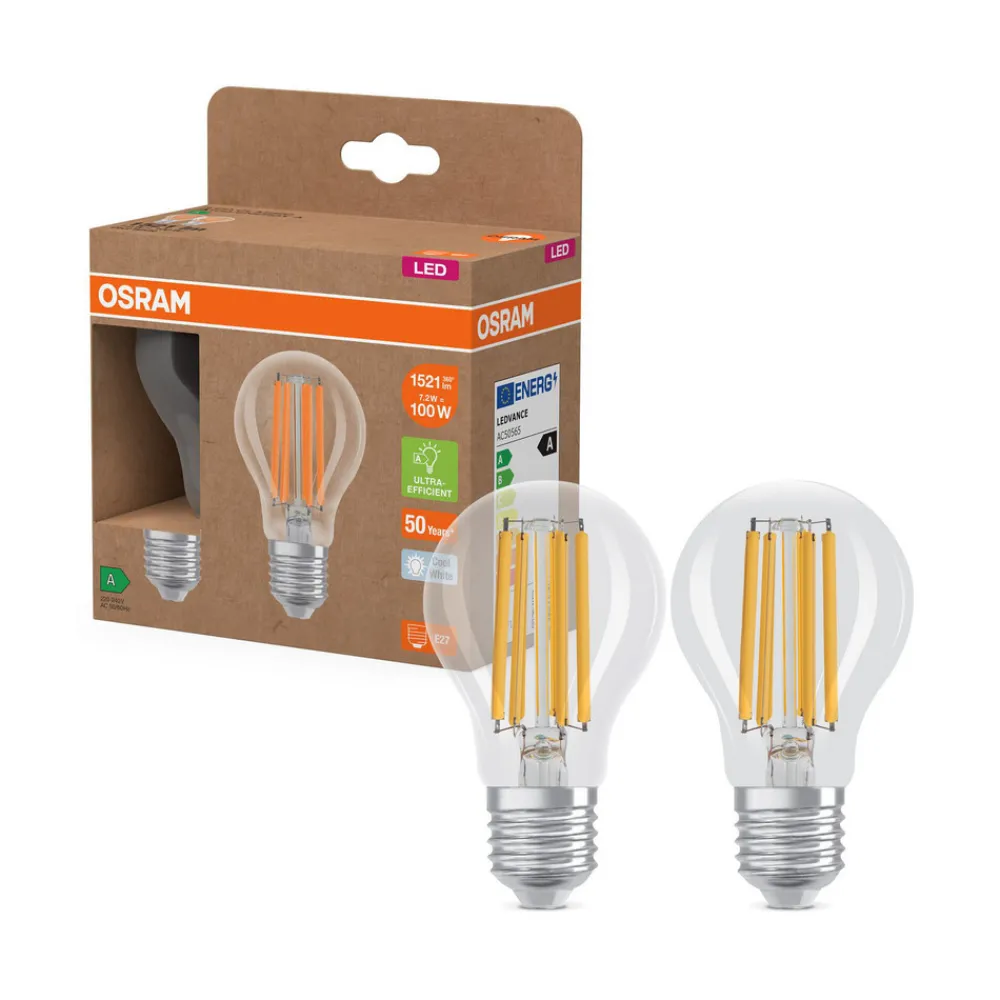 OSRAM LED tradisjonell glødepære E27 7,2W Filament 4,000K 1521lm 2-pk Sale