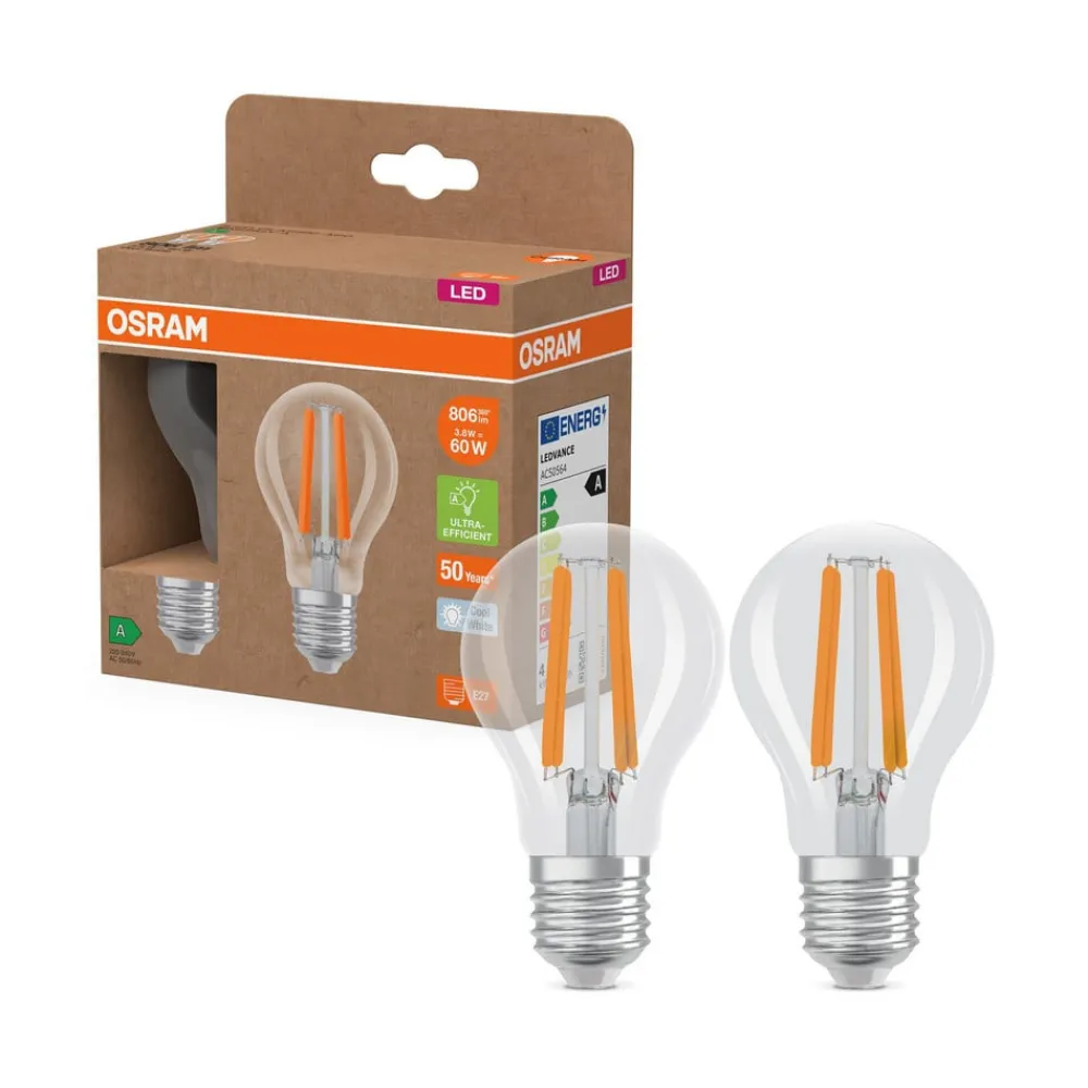OSRAM LED tradisjonell glødepære E27 3,8W Filament 4,000K 806lm 2-pk| E27 Pærer