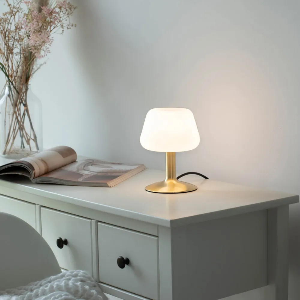 Paul Neuhaus Till bordlampe, messingfarget, glass, dimbar Clearance