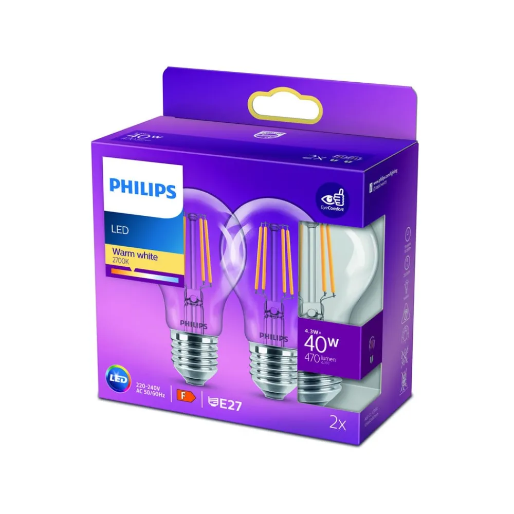 Philips LED-pære E27 4,3W 2 700 K filament 2 stk| Filament Pærer|Filament Pærer